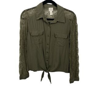 Chicos Sheer Lace Sleeves Button up Top  Tie Hem Olive Green Size Medium